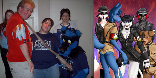 anthro armband butt butt_grab clothed clothing comparison female furgonomics furry_lifestyle group hand_on_butt hat headgear headwear male military nazi overweight photo real schutzstaffel split_screen standing tail tail_clothing what bambii_dog deaddog pinkuh canid canine felid fox human leopard mammal pantherine grandfathered_content photography_(artwork)