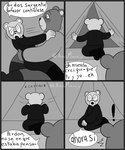 angry anthro blush bottomwear clothing dialogue duo exclamation_point eyewear glasses inside_tent pants shirt surprise tent text topwear axismarcy unicorn_wars padre_(unicorn_wars) sargento_caricias bear mammal 2023 absurd_res comic hi_res monochrome spanish_text translation_check translation_request