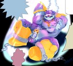 anthro ball_gag balls bdsm beard belly chain chastity_cage chastity_device chastity_key demon facial_hair gag genitals hairy horn lifewonders lock male musclegut muscular muscular_sub nether_baron nipples overweight overweight_male padlock pecs penis pubes purple_body ryumonji_yukara solo sounding_rod submissive tokyo_afterschool_summoners