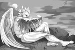 3:2 4_ears anthro avali bodily_fluids cloud crying detailed_background fallen_angel_(painting) feathered_wings feathers inspired_by_formal_art male monochrome multi_ear mynnothepen outside rock simple_background solo sun tears tiskanomicon winged_arms wings