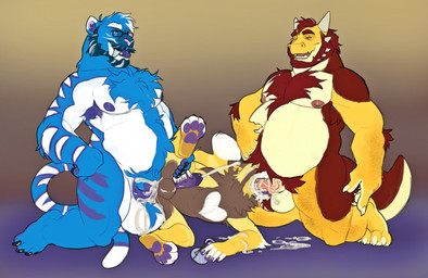 anal anal_penetration anthro anthro_on_anthro anthro_penetrated anthro_penetrating anthro_penetrating_anthro ball_tuft balls beard belly blue_body blue_fur bodily_fluids body_hair brown_body brown_fur chest_hair cum cum_from_ass cum_from_mouth cum_in_ass cum_in_mouth cum_inside cum_on_arm cum_on_balls cum_on_ground cum_pool cum_while_penetrated cumshot ejaculation erection eyewear facial_hair facial_spikes fangs fur genital_fluids genitals glasses gradient_background group horn humanoid_genitalia humanoid_penis kneeling larger_anthro larger_male leaking_cum lying male male/male male_anthro male_penetrated male_penetrating male_penetrating_male markings masturbating_while_penetrated masturbation musclegut muscular muscular_anthro muscular_male nipples nude nude_anthro nude_male on_side open_mouth open_smile overweight overweight_anthro overweight_male pawpads penetration penile penile_penetration penis penis_in_ass penis_in_mouth pink_penis pubes purple_body purple_fur purple_penis raised_leg ring_(marking) ringed_tail sabertooth_(anatomy) sex simple_background size_difference smaller_anthro smaller_male smile spikes spikes_(anatomy) spread_legs spreading striped_body striped_fur striped_markings striped_tail stripes tail tail_markings tan_body tan_fur teeth tongue tongue_out trio tuft wearing_glasses white_body white_fur likanen mythology aden_(skyylofts) kayden_(thenameisgrey) note_raygun ailurid dragon felid mammal mythological_creature mythological_scalie prehistoric_species red_panda saber-toothed_tiger scalie 2022