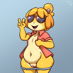 accessory anthro black_nose blonde_hair blue_clothing blue_underwear blush body_blush clothed clothing countershading eyewear female flat_chested front_view fur genitals gesture hair hair_accessory hair_bell hand_gesture innie_vulva multi_nipple multicolored_body multicolored_fur navel nipples open_clothing open_mouth open_shirt open_smile open_topwear panties panties_down partially_clothed pink_clothing pink_shirt pink_topwear shirt simple_background slightly_chubby smile solo standing sunglasses tan_body tan_countershading tan_fur thick_thighs topwear two_tone_body two_tone_fur underwear underwear_down v_sign vulva vulva_blush wide_hipped_female wide_hips yellow_body yellow_fur frumples animal_crossing nintendo isabelle_(animal_crossing) canid canine canis domestic_dog mammal shih_tzu toy_dog 1:1 2020 digital_drawing_(artwork) digital_media_(artwork) portrait signature three-quarter_portrait
