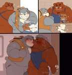 anthro apron belly big_belly blush bow_tie brown_body brown_fur clothing eyes_closed fur grey_body grey_fur group hat hay headgear headwear kemono kissing male male/male musclegut muscular overweight overweight_male romantic romantic_couple scar sudden white_body hyaku_(artist) kumalino sanrio brew_(kumalino) drip_(kumalino) roast_(kumalino) syrup_(kumalino) bear mammal 2023 comic hi_res