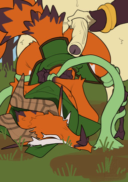 anthro bottomless bound clothed clothing duo foreskin genitals hands_tied hood horn imminent_rape imminent_sex male male/male outside penis penis_on_butt shirt topwear tunic vine_bondage drstrangeluvve voden_(gigantic) canid canine deer fox hybrid mammal hi_res