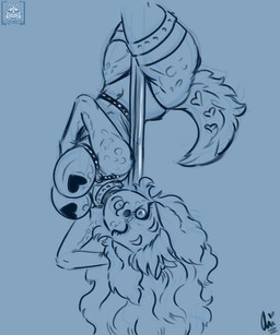 anthro clothing collar female flexible fluffy fluffy_ears fluffy_tail hair lingerie long_hair one_eye_closed pasties pole solo stripper stripper_pole tail upside_down wink ladywitchfox babygirl_estella_(candygurl) bird_dog canid canine canis cocker_spaniel domestic_dog hunting_dog mammal spaniel monochrome