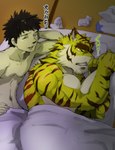 abs anthro black_hair blush bodily_fluids duo eyes_closed fur futon hair larger_anthro male male/male muscular muscular_anthro muscular_male navel nude size_difference sleeping smaller_human striped_body striped_fur stripes tears text tissue tissue_box yellow_body yellow_fur debirobu morenatsu hiroyuki_(morenatsu) torahiko_(morenatsu) felid human mammal pantherine tiger 2014 japanese_text