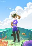 2019 ambiguous_gender anthro ashsky clothing day detailed_background digital_media_(artwork) feet felid feline fingers hi_res mammal outside partially_submerged sky solo swimwear toes
