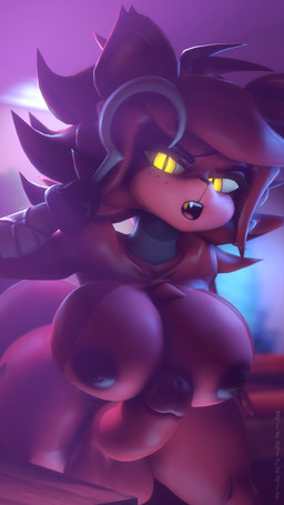 anthro areola balls bandage bandaged_arm bent_over big_balls big_breasts big_penis blurred_background breasts brown_areola brown_body brown_nipples brown_penis crossgender dark_areola dark_nipples erection eye_patch eyewear fangs freckled_face freckles genitals glowing glowing_eyes gold_(metal) gold_tooth gynomorph hair hook hook_hand humanoid_genitalia humanoid_penis inside intersex inverted_nipples leaning leaning_forward looking_at_viewer machine messy_hair mtg_crossgender mti_crossgender nipples nude_anthro nude_gynomorph nude_intersex open_mouth penis penis_between_breasts pupils short_hair slit_pupils solo tail teeth thick_thighs wide_hips yellow_eyes sixytronic cryptiacurves_(modeler) five_nights_at_freddy's fredina's_nightclub scottgames fexa_(cryptiacurves) foxy_(fnaf) animatronic canid canine fox mammal robot 3d_(artwork) 4k 9:16 absurd_res digital_media_(artwork) hi_res watermark