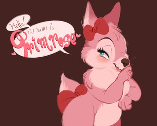 accessory anthro arms_bent blush bow_(feature) bow_accessory bow_ribbon brown_background cheek_tuft dialogue ellipsis exclamation_point facial_tuft fur furgonomics hair_accessory hair_bow hair_ribbon head_tuft heart_symbol hearts_around_text pink_body pink_fur raised_hand ribbons semi-anthro simple_background solo speech_bubble tail tail_accessory tail_bow tail_ribbon text text_with_heart tuft conditional_dnp tohupo primrose_(tohupo) lagomorph leporid mammal rabbit 2021 digital_media_(artwork) english_text hi_res
