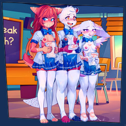 adolescent anthro biped blue_eyes blush bodily_fluids bottomwear bow_tie breasts classroom clothed clothing cum cum_in_hair cum_on_breasts cum_on_clothing cum_on_face desk feet female fur furniture genital_fluids group hair holding_object inside legwear licking licking_lips licking_own_lips multicolored_body nipples plantigrade pupils purple_eyes red_hair school school_uniform shirt skirt standing table thick_thighs thigh_highs tongue tongue_out topwear trio unbuttoned_shirt uniform white_body white_fur young young_anthro young_female ai_assisted ai_generated_background sicmop mythology avian gryphon mythological_avian mythological_creature 1:1 2025 absurd_res alpha_channel hi_res