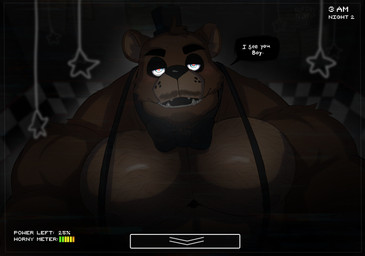 anthro barazoku biceps big_muscles body_hair bow_tie brown_body brown_fur camera_view chest_hair clothing dark dialogue fur hairy hat headgear headwear huge_muscles inside male muscular muscular_anthro muscular_male open_mouth open_smile pecs security security_camera smile solo speech_bubble suspenders tan_body tan_fur teeth text top_hat flufflecraft five_nights_at_freddy's scottgames freddy_(fnaf) bear mammal 2022 digital_media_(artwork) english_text hi_res