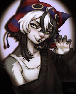 anthro beanie black_hair claws clothed clothing fangs female green_eyes hair hair_over_eye hat headgear headwear looking_at_viewer medium_hair multicolored_hair off_shoulder pattern_clothing pattern_hat pattern_headgear pattern_headwear pawpads raised_hand sharp_teeth shirt smile solo split_color_hair star_pupils striped_clothing striped_hat striped_headgear striped_headwear stripes sweater tank_top teeth topwear two_tone_hair white_hair krematoria domestic_cat felid feline felis mammal absurd_res bust_portrait digital_drawing_(artwork) digital_media_(artwork) hi_res portrait