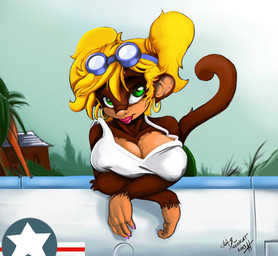 anthro big_breasts blonde_hair breasts cleavage clothed clothing cloud ear_piercing female green_eyes hair huge_breasts looking_at_viewer outside piercing sky smile solo tail neokat mario_bros nintendo yoshi's_island fan_character ukiki haplorhine mammal monkey primate