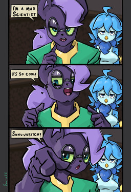 annoyed anthro asian_clothing beak blue_body blue_clothing blue_eyes blue_hair blue_topwear blue_tuft breasts clothed clothing comic_panel dialogue dialogue_box duo east_asian_clothing eyewear facial_tuft female fingers fur gesture glasses green_clothing green_eyes green_sclera green_topwear hair half-closed_eyes hand_gesture japanese_clothing kimono looking_at_viewer male meme_pose mouth_closed narrowed_eyes open_mouth pointing pointing_at_self pointing_at_viewer ponytail profanity purple_body purple_fur purple_hair purple_inner_ear short_hair simple_background sleeveless_shirt smile talking_to_viewer teeth text thumbs_up tongue topwear tuft wearing_glasses snoutless steins;gate undertale undertale_(series) undertale_yellow chujin_ketsukane martlet_(undertale_yellow) avian bird canid canine fox mammal 2025 absurd_res artist_name comic crossover digital_drawing_(artwork) digital_media_(artwork) english_text hi_res meme