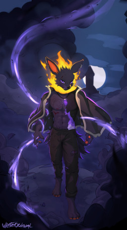 abs anthro blood blood_on_face bodily_fluids bottomwear building clothing cloud dark_body dark_fur fire fur jacket jewelry male pants pecs pendant purple_eyes shirt smoke solo topwear tower walking wounded winterookami absurd_res hi_res