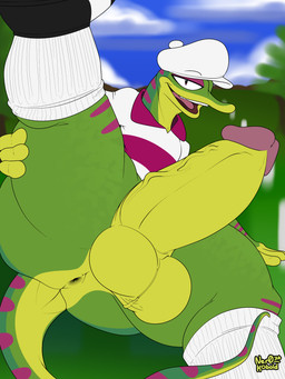 anthro anus balls bedroom_eyes big_butt big_penis black_clothing black_footwear black_shoes blue_sky bottomless bottomless_anthro bottomless_male butt circumcised clothed clothing cloud cloudy_sky countershade_butt countershade_face countershade_tail countershading day detailed_background erection eyebrows eyebrows_through_hat flat_cap footwear genital_focus genital_raphe genitals glans golf golf_course golf_outfit grass green_body green_scales half-closed_eyes hand_on_ground hat headgear headwear humanoid_genitalia humanoid_penis knee_highs knee_socks legwear light long_tail looking_at_viewer lying lying_on_grass lying_on_ground male markings multicolored_clothing multicolored_footwear multicolored_shirt multicolored_shoes multicolored_topwear narrowed_eyes on_back on_ground one_leg_up open_mouth partially_clothed partially_clothed_anthro partially_clothed_male pattern_clothing pattern_shirt pattern_topwear penis pink_glans plant pupils purple_clothing purple_eyelids purple_markings purple_shirt purple_stripes purple_topwear raised_eyebrows raised_leg raphe_(anatomy) scales scrotal_raphe scrotum_flap seductive shirt shoes sky slit_pupils smile smiling_at_viewer socks solo sport striped_clothing striped_markings striped_shirt striped_topwear stripes sunlight tail teeth thick_thighs tongue topwear tree two_tone_clothing two_tone_footwear two_tone_shirt two_tone_shoes two_tone_topwear vein veiny_penis white_clothing white_footwear white_hat white_headgear white_headwear white_shirt white_socks white_topwear wide_hips yellow_body yellow_hands yellow_markings yellow_scales ner0_kobold gex_(series) gex_the_gecko gecko lizard reptile scalie 2026 3:4 absurd_res colored digital_drawing_(artwork) digital_media_(artwork) english_description hi_res signature watermark