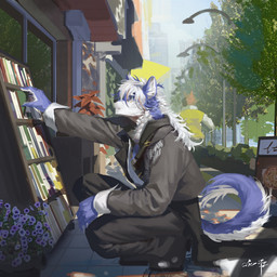 anthro black_clothing black_legwear black_topwear blue_body blue_eyes blue_fur braided_hair building cheek_tuft city clothed clothing crouching detailed_background duo facial_tuft fur hair inner_ear_fluff legwear male mouth_closed outside plant plant_pot potted_plant side_view solo_focus topwear tree tuft white_body white_fur white_hair white_inner_ear_fluff awaldkize canid canine mammal 1:1 absurd_res hi_res