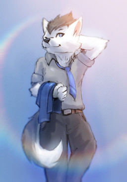 anthro belt belt_buckle black_hair black_nose blue_ba blue_eyes blue_necktie blurred_background buckle clothing dark_grey_pants fur grey_clothing grey_shirt grey_topwear hair hands_behind_head lens_flare long_pa long_pants male necktie office_clothing shirt solo topwear white_body white_fur stampmats hi_res