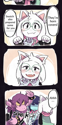 4_ears 4_panel_comic absurd alternate_species ambiguous_gender ambiguous_human anthro biped black_eyes black_hair blue_body blue_skin bodily_fluids chin_scratch clothed clothing dialogue eyewear female female_anthro floppy_ears fluffy fur glasses group hair heart_symbol male male_anthro multi_ear onomatopoeia pink_body pink_hair pink_scales scales scarf short_hair simple_background slap smack_(sound_effect) snout sound_effects speech_bubble sweat sweatdrop tan_background text trio wearing_glasses white_body white_fur yellow_sclera akikazeume deltarune undertale_(series) kris_dreemurr ralsei susie_(deltarune) bovid caprine darkner felid feline goat human mammal scalie 2026 absurd_res comic digital_drawing_(artwork) digital_media_(artwork) english_text hi_res japanese_description