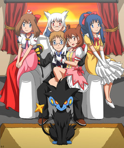 ambiguous_gender chair clothing dress eyewear female feral furniture group harem male endless-summer181 nintendo pokemon pokemon_(anime) bianca_(m05) dawn_(pokemon) may_(pokemon) pokemon_trainer felid generation_4_pokemon human luxray mammal pokemon_(species)