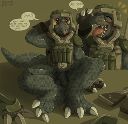 balls blush blush_lines bodily_fluids claws clothing dialogue drooling feet flaccid foreskin genitals gesture male military_clothing military_helmet open_mouth penis saliva salute sharp_teeth simple_background sitting solo speech_bubble talking_to_viewer teeth tongue tongue_out undressing qrnrr bandai_namco digimon commandramon digimon_(species) sketch_page