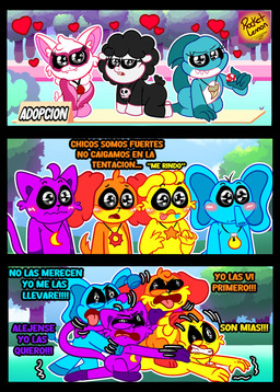 anthro black_body black_fur black_wool blue_body female fight fur group male orange_body purple_body text white_body wool_(fur) yellow_body rocketlennon mob_entertainment nightmare_critters poppy_playtime smiling_critters baba_chops_(poppy_playtime) bubba_bubbaphant catnap_(poppy_playtime) dogday_(poppy_playtime) kickinchicken maggie_mako_(poppy_playtime) rabie_baby_(poppy_playtime) aquatic avian bat bird bovid canid canine canis caprine chicken domestic_cat domestic_dog elephant elephantid felid feline felis fish galliform mammal phasianid proboscidean shark sheep absurd_res comic hi_res spanish_text