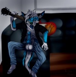 anthro balls biped black_body black_fur blue_body blue_eyes blue_fur blue_penis blue_tongue clothed clothing electric_guitar erection fangs fur furniture genitals green_nose guitar hair inside jacket leather looking_at_viewer male multicolored_body multicolored_fur musical_instrument musician nude one_eye_closed open_clothing open_jacket open_topwear penis plucked_string_instrument sharp_teeth sofa solo string_instrument teeth tongue topwear white_body white_fur white_hair wink kizunova kenko canid canine canis mammal wolf compression_artifacts digital_media_(artwork)