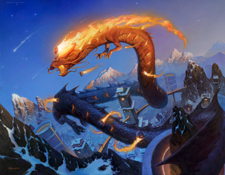 ambiguous_gender building detailed_background feral fire horn macro mountain open_mouth outside realistic red_body red_scales scales serpentine shooting_star snow solo star whiskers victor_adame_minguez hasbro magic:_the_gathering mythology wizards_of_the_coast atsushi_(magic:_the_gathering) dragon eastern_dragon mythological_creature mythological_scalie scalie 2020 absurd_res detailed hi_res official_art traditional_media_(artwork)