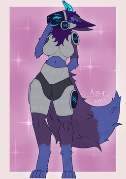 >:3 anthro breasts curvy_figure digitigrade ears_down female finger_on_face fluffy fluffy_tail fur glowing glowing_horn hand_behind_back hand_on_face horn machine pivoted_ears protogen_armor protogen_visor purple_body purple_fur simple_background solo tail azurgyn protogen digital_drawing_(artwork) digital_media_(artwork) hi_res signature