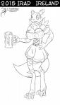 2015 alcohol anthro arashidrgn bandai_namco barmaid beer beverage big_breasts blue_eyes breasts canid canine chest_tuft clothing digimon digimon_(species) digitigrade female food fur hand_on_hip hi_res legwear mammal monochrome renamon solo stockings tuft yellow_body yellow_fur