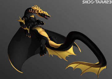 4_arms 4_eyes ambiguous_gender black_body claws feral glowing glowing_eyes multi_arm multi_eye multi_limb muscular scales simple_background solo spread_wings tail tongue tongue_out wings yellow_body conditional_dnp shido-tara mythology alien dragon mythological_creature mythological_scalie scalie concept_art hi_res