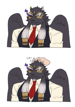 anthro black_body black_fur black_wings clothed clothing collared_shirt disembodied_hand duo ear_pull eye_patch eyebrows eyewear fur gold_(metal) gold_jewelry green_eyes hair jewelry long_hair looking_ahead looking_forward male male/male muscular muscular_anthro muscular_male necktie pecs red_necktie shirt simple_background suit tattoo text topwear uniform vest whiskers white_background wings aaassstaro lifewonders tokyo_afterschool_summoners tezcatlipoca_(tas) felid feline human mammal digital_media_(artwork) japanese_text translated
