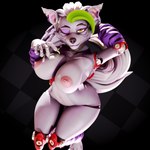 anthro arched_back bedroom_eyes big_breasts breasts collar ear_piercing ear_ring exposed_breasts female fingers looking_at_viewer midriff narrowed_eyes navel nipple_piercing nipples one_eye_closed piercing ring_piercing seductive sitting smile smiling_at_viewer solo thick_thighs wink winking_at_viewer thatskelly mayosplash_(modeler) five_nights_at_freddy's five_nights_at_freddy's:_security_breach scottgames steel_wool_studios roxanne_wolf canid canine canis mammal wolf 2025 3d_(artwork) absurd_res digital_media_(artwork) hi_res huge_filesize