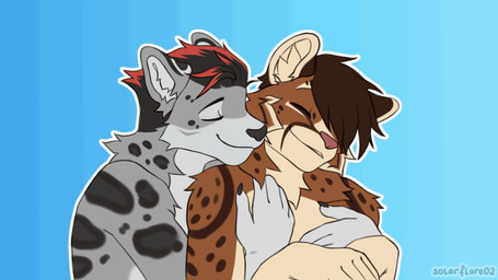 anthro black_nose brown_body brown_fur cheek_tuft duo eyes_closed facial_markings facial_tuft fluffy fur grey_body grey_fur head_markings hug inner_ear_fluff male male/male markings neck_tuft nuzzling pink_nose red_hair_tips smile spots spotted_body spotted_fur spotted_markings tuft solarflare02 felid feline mammal pantherine snow_leopard 16:9 animated frame_by_frame hi_res widescreen
