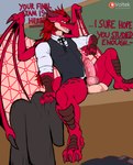 anthro balls bottomless classroom claws clothed clothing erection feet fur genitals graded_penis horn knot looking_at_viewer male membrane_(anatomy) membranous_wings open_mouth penile penile_spines penis professor red_body red_fur red_scales scales school shirt shirt_only simple_background solo tail teacher teeth text toes topwear topwear_only whiteboard wings voltek european_mythology mythology entropy_(billeur) dragon mythological_creature mythological_scalie scalie western_dragon absurd_res english_text hi_res