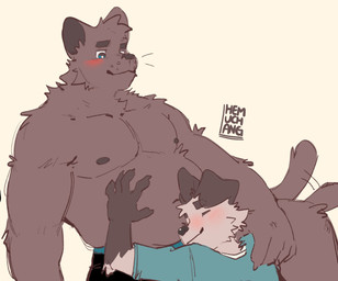 anthro belly black_body black_eyes black_fur clothed clothing duo eyes_closed floppy_ears fur male overweight overweight_anthro overweight_male slim_anthro slim_male tail tail_motion tailwag topless topless_anthro topless_male white_body white_fur white_fur_tuft hemuchang pots_(hemuchang) shin_(hemuchang) canid canine canis domestic_dog felid mammal pantherine 2022 hi_res