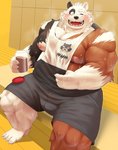 anthro belly black_body black_fur blush bodily_fluids bottomwear brown_body brown_fur bulge clothing fur humanoid_hands kemono male moobs musclegut muscular nipples one_eye_closed overweight overweight_anthro overweight_male shirt shorts sitting solo sweat topwear white_body white_fur wink mti777 bear brown_bear giant_panda hybrid mammal ursine 2020 hi_res