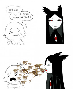 >_< black_clothing black_eyes black_hair black_shirt black_text black_topwear bodily_fluids chest_eye closed_smile clothing dialogue duo eyes_closed hair humor long_hair looking_at_another male male_humanoid mouth_closed nervous nervous_sweat open_mouth red_eyes red_sclera red_tongue shirt simple_background smile speech_bubble sweat sweatdrop text tongue topwear wavy_mouth white_background white_body white_skin jejejunum pest_(jejejunum) secret_(jejejunum) arthropod botfly fly_(animal) fraid_(species) humanoid insect nethermare proto-nethermare 2026 bust_portrait comic digital_drawing_(artwork) digital_media_(artwork) english_text hi_res portrait