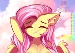 anthro breasts cheek_tuft cloud ear_tuft eyes_closed facial_tuft feathered_wings feathers female fur hair hand_behind_head inner_ear_fluff long_hair pink_hair rainbow sky solo tuft wings yellow_body yellow_feathers yellow_fur airiniblock friendship_is_magic hasbro my_little_pony fluttershy_(mlp) equid mammal artist_name bust_portrait distracting_watermark hi_res portrait shaded soft_shading watermark