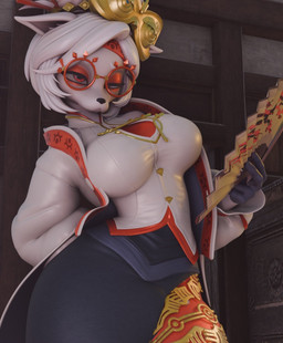 alternate_species anthro big_breasts black_nose bottomwear breasts clothed clothing eyelashes eyewear female folding_fan fully_clothed furrification glasses hair half-closed_eyes hand_fan holding_fan jacket narrowed_eyes orange_eyes orange_eyeshadow round_glasses shirt short_hair skirt small_waist solo topwear white_hair anaroth mayosplash_(modeler) breath_of_the_wild nintendo the_legend_of_zelda purah canid canine canis domestic_dog mammal 2026 3d_(artwork) digital_media_(artwork) hi_res