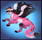 4_toes black_nose brown_hair feathered_wings feathers feet female feral fur hair open_mouth pink_body pink_fur smile solo teeth toes tongue white_body white_fur wings yellow_eyes ketty eda_(terrythetazzytiger) felid feline hybrid mammal digital_media_(artwork) hi_res shaded