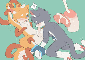 anthro anus balls blue_eyes blush bodily_fluids bound clothing cum cumshot duo ejaculation exclamation_point eyes_closed fellatio footwear footwear_only foreskin genital_fluids genitals humanoid_genitalia humanoid_penis licking male male/male mostly_nude nude open_mouth oral orgasm orgasm_face penile penis penis_lick sex shota socks socks_only tentacles tongue young young_anthro young_male nekowuwu domestic_cat felid feline felis mammal 2025 hi_res