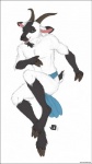 anthro black_border border bottomwear brown_body brown_fur clothing facial_hair fur goatee green_eyes hooves horn loincloth looking_at_viewer male open_mouth smile solo white_body white_fur katara_(artist) vercursar gregory_klippenspringer bovid caprine goat mammal