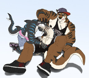 anthro anthro_on_anthro armpit_hair balls barbell_piercing black_bottomwear black_clothing black_footwear black_nipples black_shoes black_shorts black_stripes black_topwear blue_eyes blue_stripes bodily_fluids body_hair bottomwear brown_body brown_fur brown_tail clothed clothing cum cum_in_nose cum_inside cum_on_arm cum_on_face cum_on_ground cum_on_hand cum_on_own_penis cum_on_penis cum_on_self cum_splatter duo ear_piercing excessive_cum excessive_genital_fluids footwear fur genital_fluids genitals grey_body grey_bottomwear grey_clothing grey_shorts humanoid_genitalia humanoid_penis industrial_piercing licking licking_lips licking_own_lips male male/male male_anthro markings muscular muscular_anthro muscular_male nipple_barbell nipple_piercing nipples one_eye_closed oral oral_penetration penetration penis penis_in_mouth piercing pink_clothing pink_underwear red_tongue shirt shoes shorts simple_background sitting striped_arms striped_back striped_body striped_legs striped_markings striped_tail stripes tail tail_markings tank_top tongue tongue_out topwear unbuttoned underwear white_balls white_body white_fur white_penis white_tail wide_eyed dust_yang dc_shoes nike kyo_(kiasano) ziggy_(dezo) aquatic fish mammal mustelid otter shark hi_res