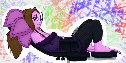 anthro brown_hair chair clothing eyewear female freckles furniture glasses hair pink_body shoulderless_sweater simple_background solo tablet tail ansia_(artist) ansia_(character) amphibian aquatic axolotl mole_salamander salamander 3:1 hi_res