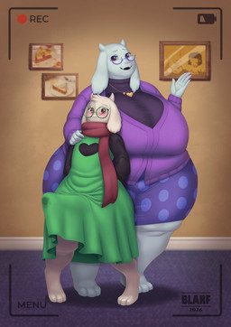 anthro balls belly big_breasts big_butt big_penis blush bodily_fluids bottomwear breasts brown_eyes butt camera_view cardigan clothed clothing clothing_lift dress dress_lift duo erection eyewear female femboy floppy_ears genital_fluids genitals gesture glans glasses hand_on_shoulder head_tuft home horn huge_breasts huge_butt jewelry male naughty_face navel necklace no_underwear overweight penis photo posing_for_picture precum purple_eyes scarf skirt surprised thick_thighs tight_clothing tongue tongue_out tuft vein veiny_penis waving waving_at_viewer white_body wide_hips blarf deltarune undertale_(series) ralsei toriel bovid caprine goat mammal 2026 animated hi_res tagme