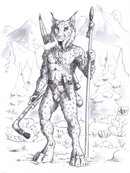 animal_genitalia anthro arrow_(weapon) axe balls belt big_feet biped bone bone_necklace bow_(weapon) breath casual_nudity cheek_tuft digitigrade ear_piercing ear_tuft facial_tuft feet fully_sheathed fur genitals holding_axe holding_melee_weapon holding_object holding_polearm holding_spear holding_weapon jewelry knife male male_anthro markings melee_weapon mostly_nude necklace outside paws piercing polearm quiver_(object) ranged_weapon sheath solo spear spots spotted_body spotted_fur standing tuft weapon 0laffson felid feline lynx mammal 2026 full-length_portrait hi_res portrait traditional_media_(artwork)