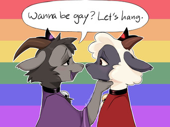 anthro anthro_on_anthro bell bell_collar black_body black_fur black_text collar crown cupping_chin dialogue duo eye_contact fur grey_body grey_face headgear horn humanoid_on_humanoid imminent_kiss lgbt_pride lidded_eyes looking_at_another male male/male pride_colors rainbow_flag rainbow_pride_colors rainbow_pride_flag rainbow_symbol romantic romantic_couple speech_bubble stated_homosexuality stated_sexuality text white_body white_fur wool_(fur) n0heals4you cult_of_the_lamb massive_monster_(studio) goat_(cult_of_the_lamb) lamb_(cult_of_the_lamb) red_crown_(cult_of_the_lamb) bovid caprine goat humanoid mammal sheep 2024 english_text reaction_image pseudo_incest_(lore)