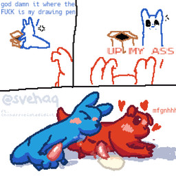 >_< anal_fluids angry blush blushing_profusely bodily_fluids cross-popping_vein cum cum_while_penetrated deep_penetration dialogue duo eyes_closed genital_fluids genitals heart_symbol highlights_(coloring) intersex looking_pleasured lost_my_keys lost_object male male_penetrated maleherm penetration penis profanity shadow shitpost shoulder_deep tapering_penis text svehaq_(artist) rain_world videocult ambulant_(nonassociatedidiot) blueberry_(svehaq) slugcat 1:1 comic english_text meme signature