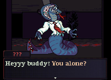accessory anthro blue_body clothed clothing dialogue female grin holidays looking_at_viewer multi_eye necktie shirt smile solo tail tail_mouth teeth text tongue tongue_out topwear unusual_anatomy unusual_tail user_interface pavlentine halloween look_outside alaska_(pavlentine) cobra eldritch_abomination reptile scalie snake 2025 digital_media_(artwork) english_text hi_res pixel_(artwork)